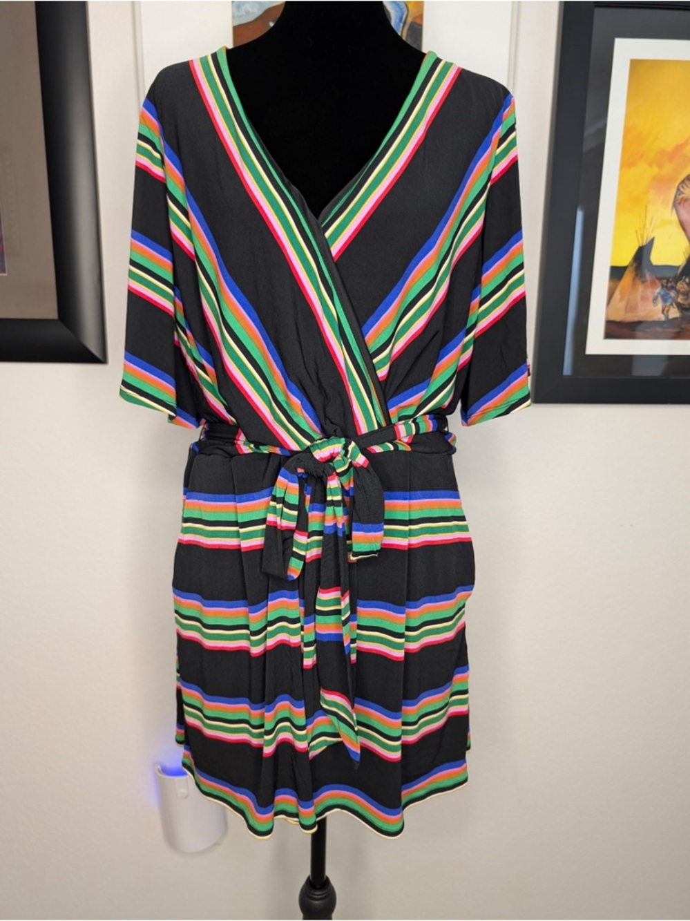 Express Black Wrap Romper with Bright Multicolor Stripes